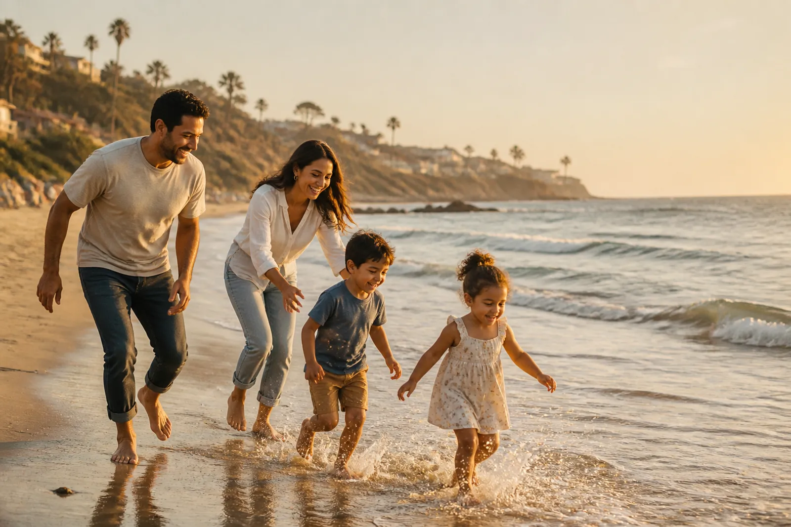 A family running into the surf at sunset